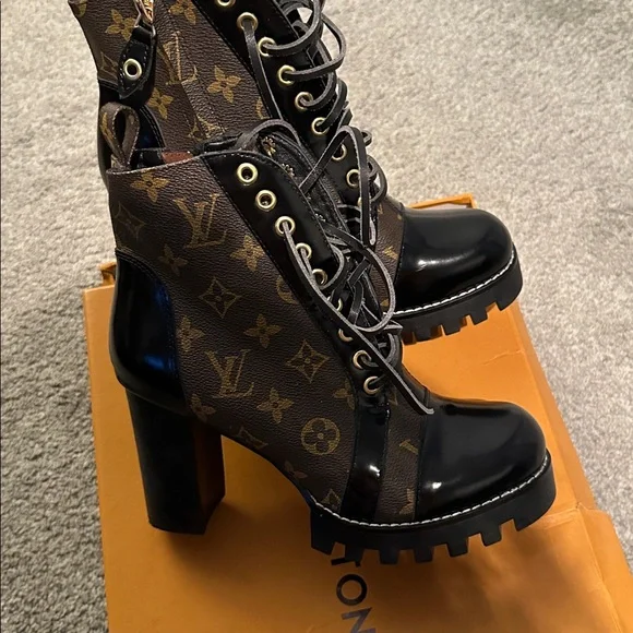 Louis Vuitton Monogram Black and Brown Lace-Up Boots - Picture 2 of 7